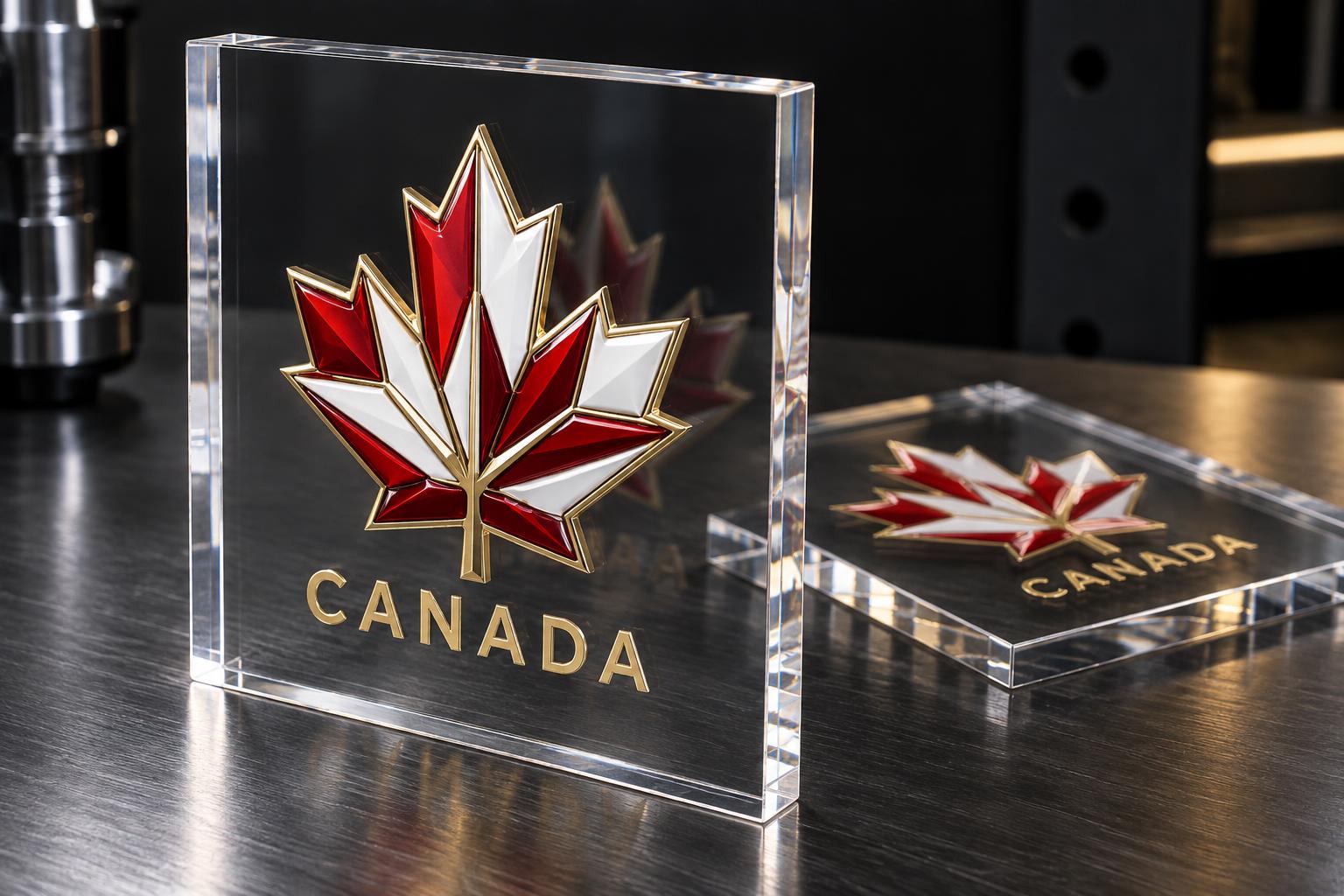 Two clear acrylic panels showing the same crest printed on both faces of a double-sided UV DTF panel
