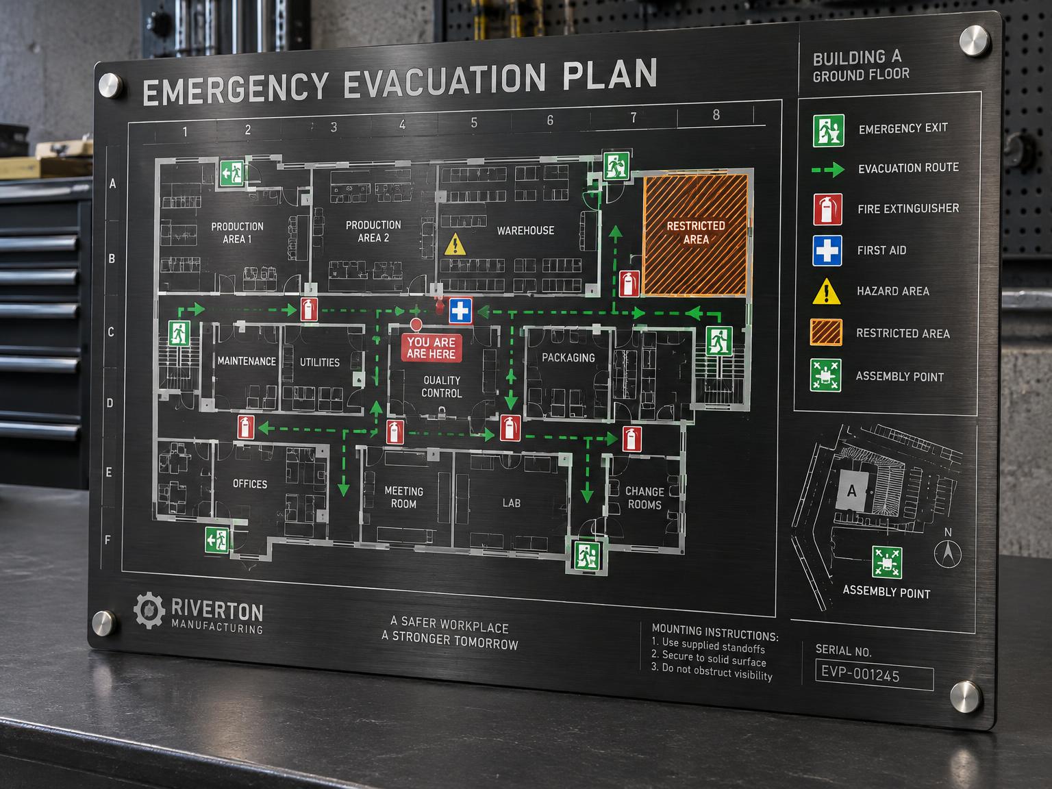 Industrial brushed-metal emergency evacuation plaque combining laser-engraved facility plans with vibrant UV DTF safety graphics