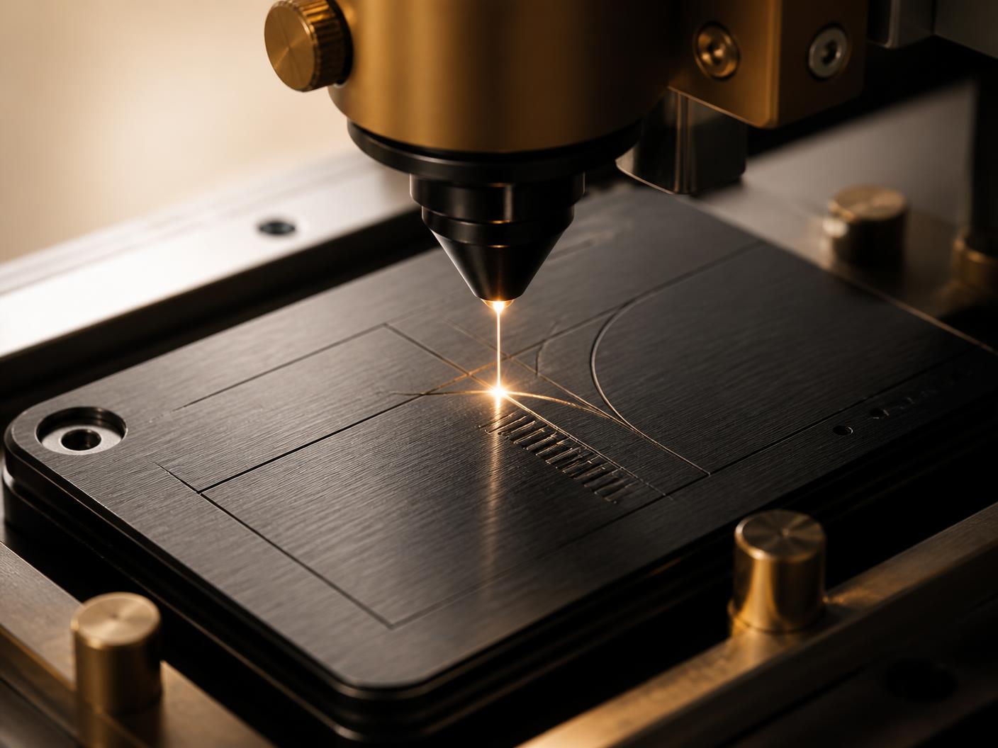 Precision laser engraving a dark metal identification plate