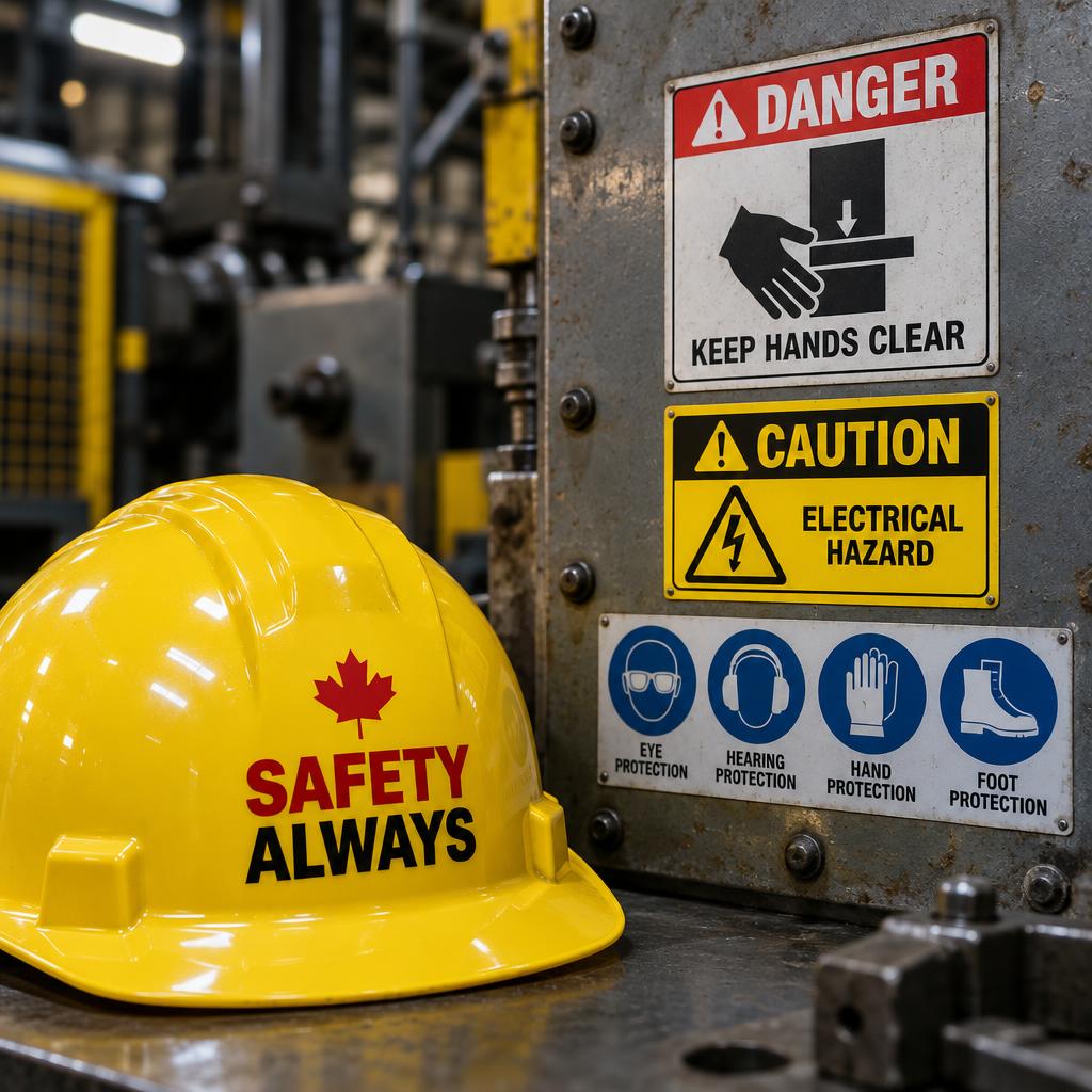 Yellow safety hard hat beside a steel panel with danger, caution and PPE safety labels