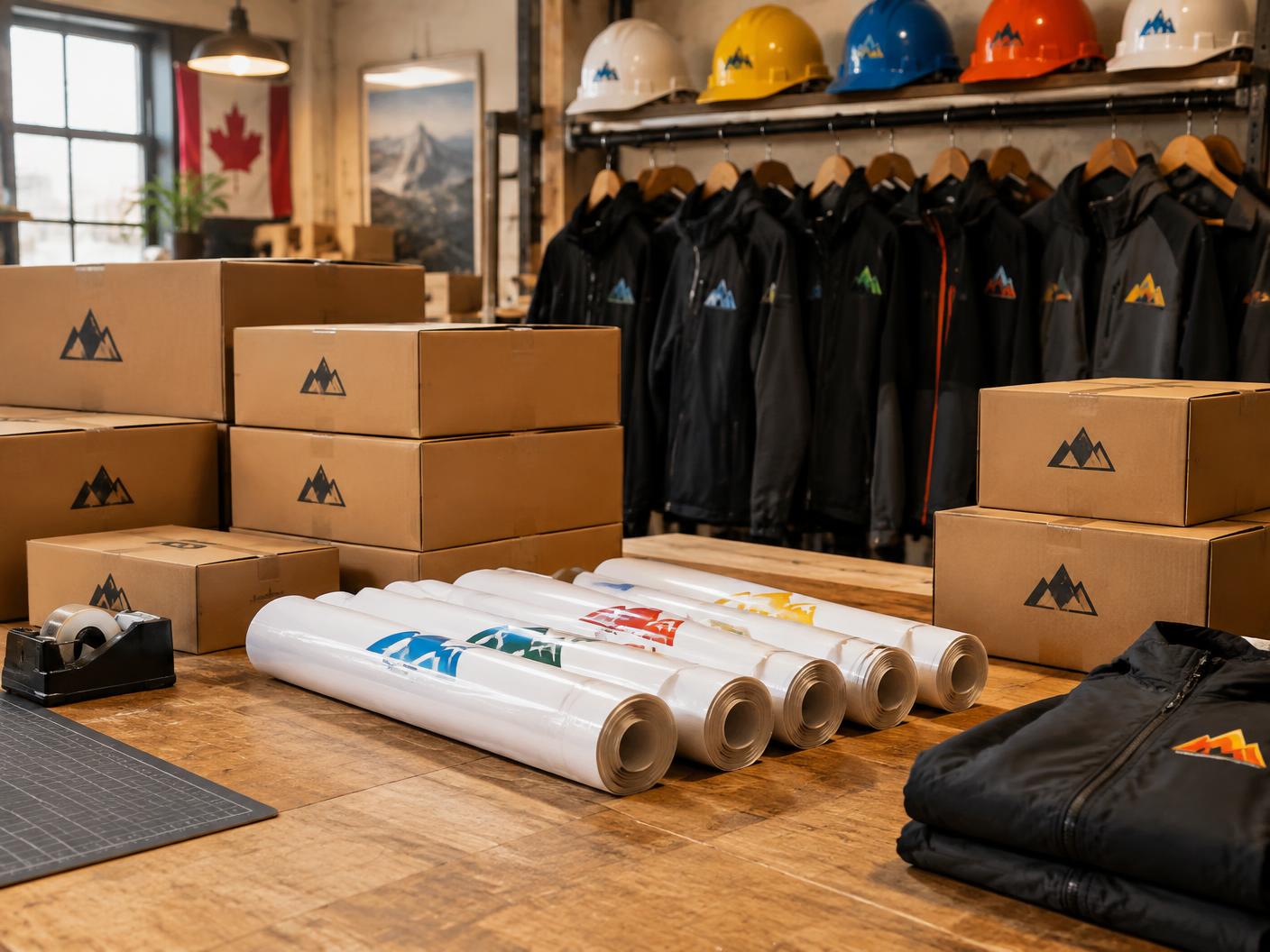 Branded workwear, hard hats and packed production orders ready for shipping