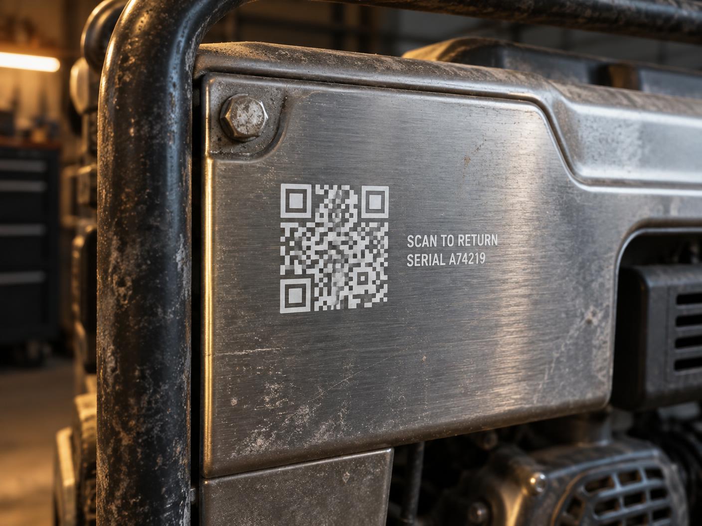 Generator panel with a white die-cut QR property-identification decal